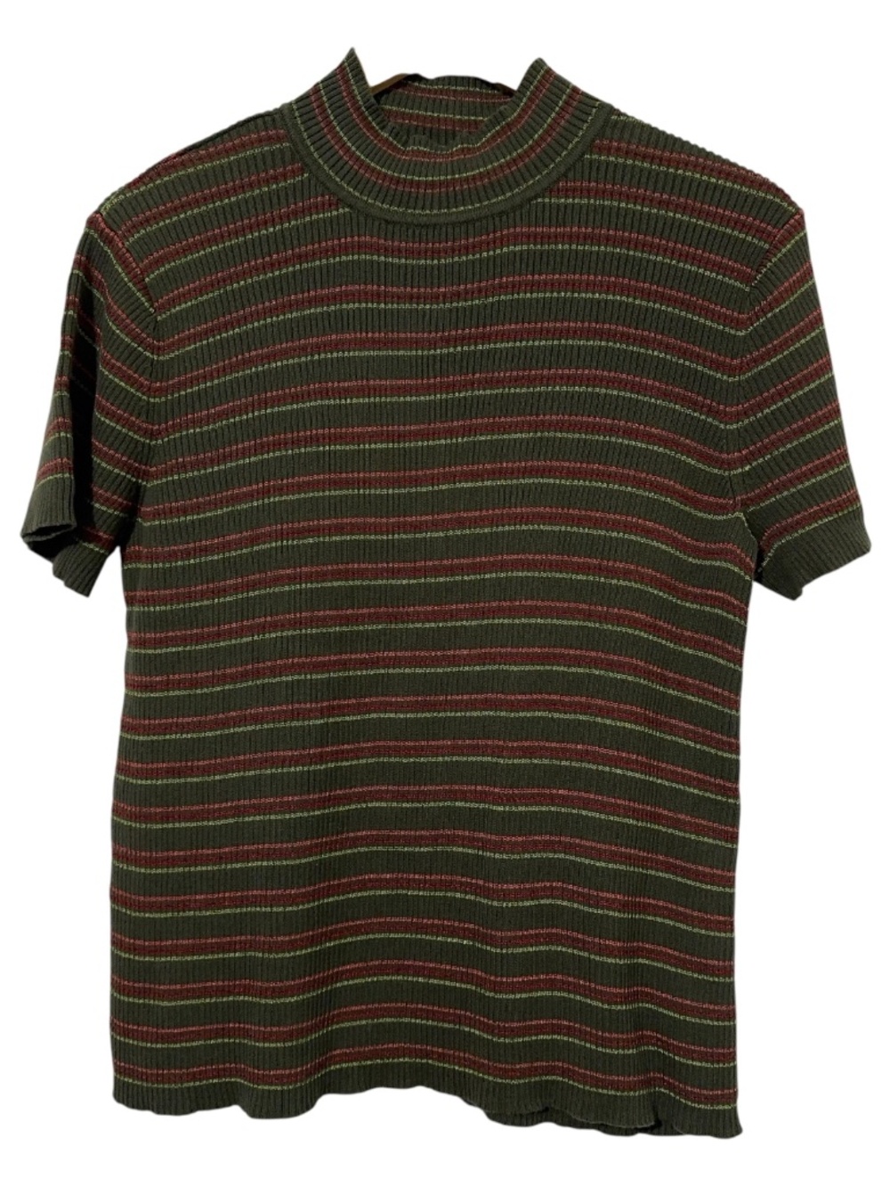 Christopher & Banks Womens Striped Ribbed Knit Mock Neck Short Sleeve Top Size L